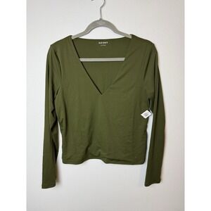 Old Navy Active Womens Olive Green cropped long sleeve workout V neck Large NWT